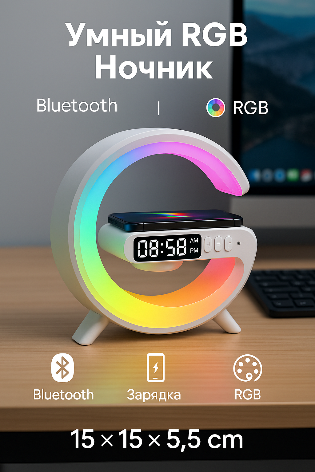 Стильный RGB Ночник с беспроводной зарядкой и Bluetooth колонкой белый