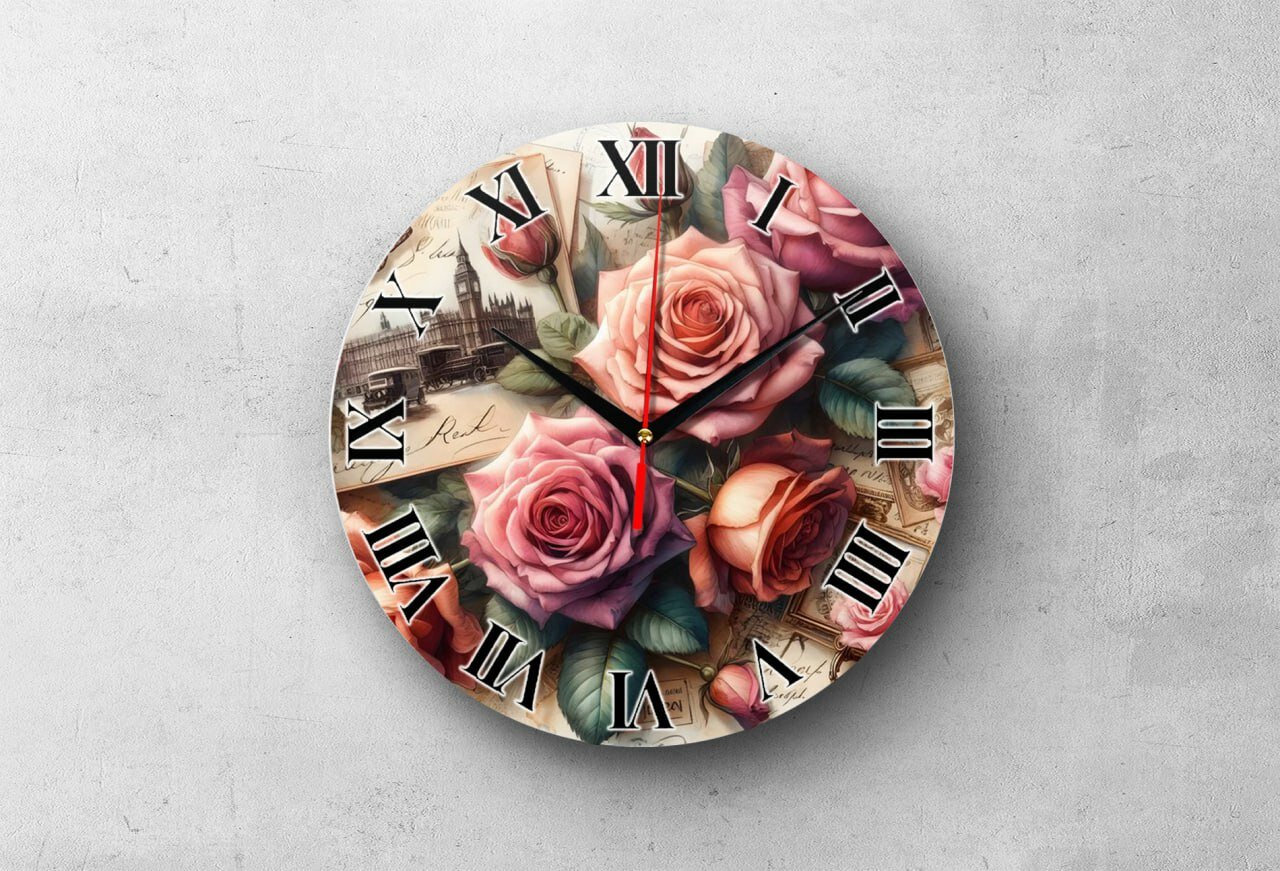 Подарочные настенные часы "Чайные Розы", круглые, плавный ход, кварцевый механизм, стекло, 20х20 см