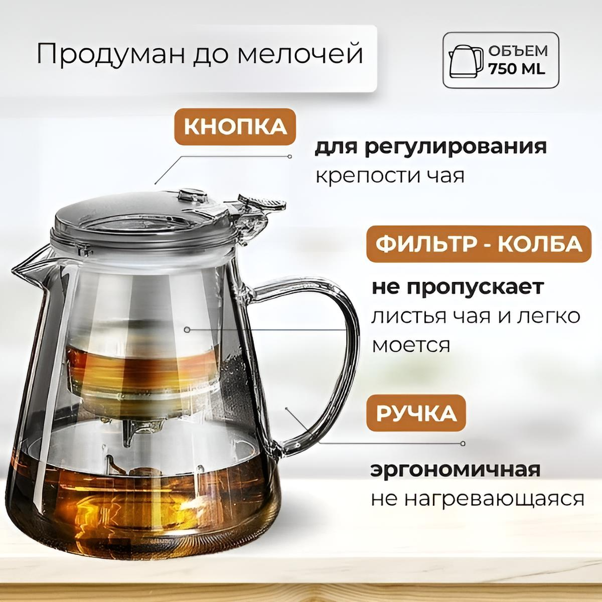 Чайник заварочный стеклянный типот 750 мл с кнопкой гунфу.