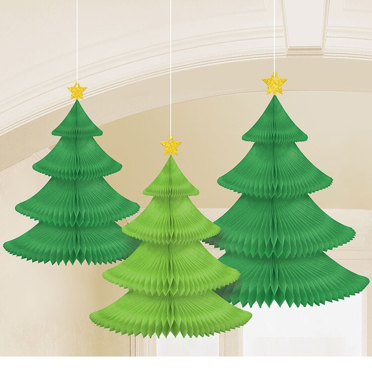 Набор декоративных фигур КНР Елка зеленая бумажные 25 30 35 см 3 шт