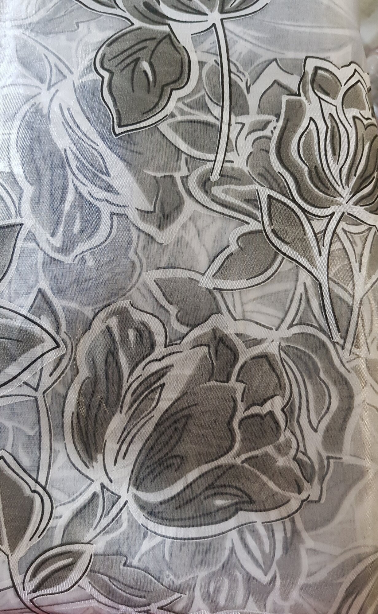 !09 Тюль " Деворе" серая 300*270 см, шторная лента