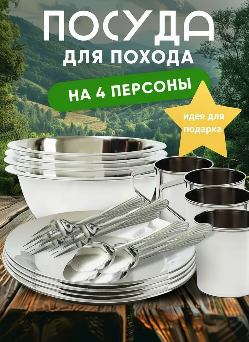 Набор туристической посуды, посуда туристическая для похода, кемпинга, подарок для туриста, 20 предметов, нерж. сталь