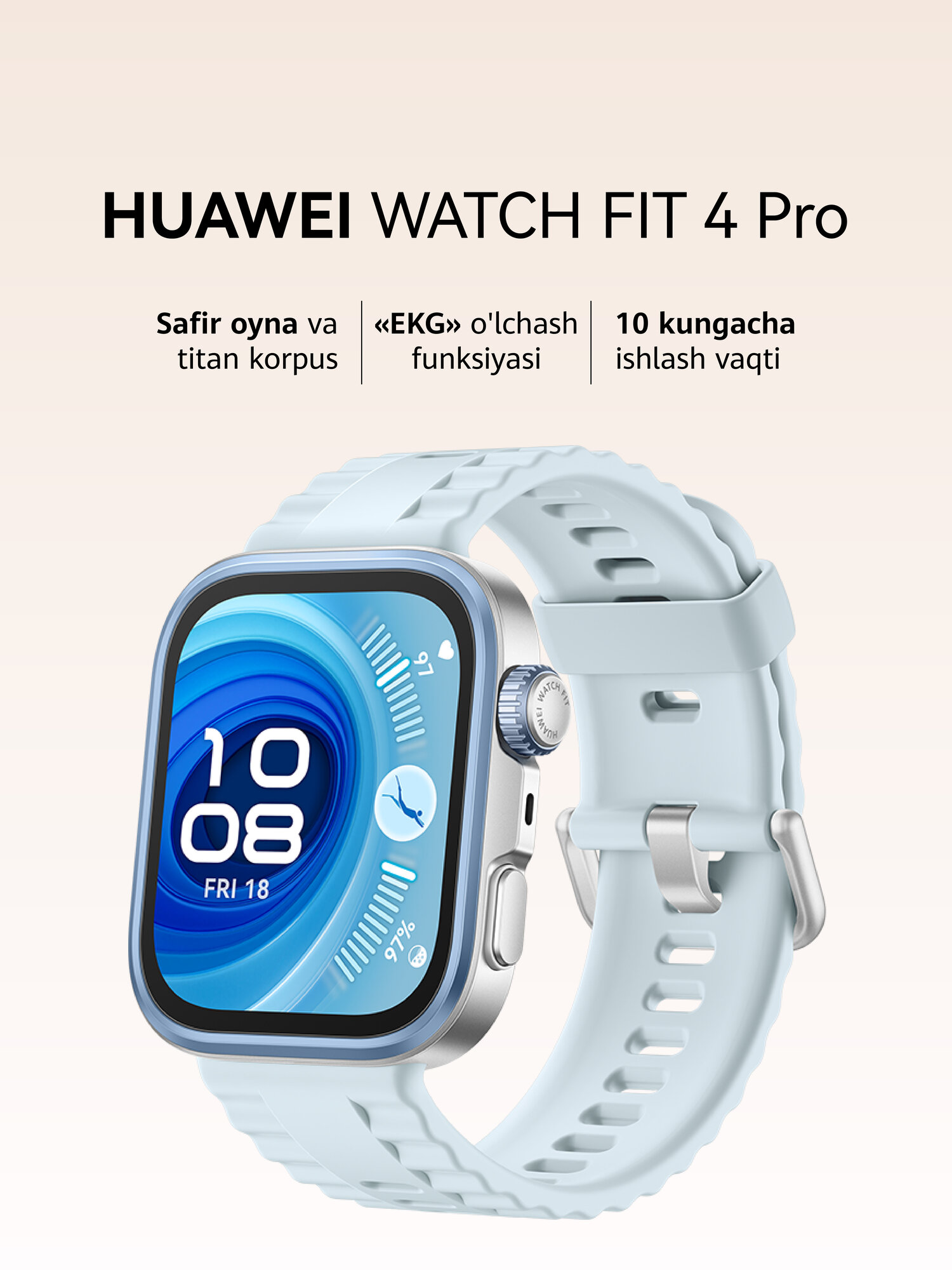 Умные часы HUAWEI Watch Fit 4 Pro Голубой, 44.5 мм, 240 часов работы, 1 год гарантии