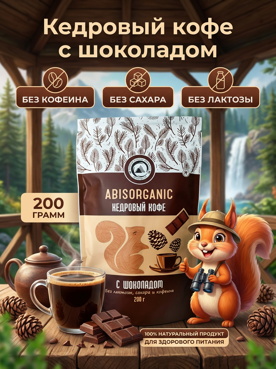 Кофе кедровый с шоколадом, без кофеина, растворимый 200 гр. Abisorganic