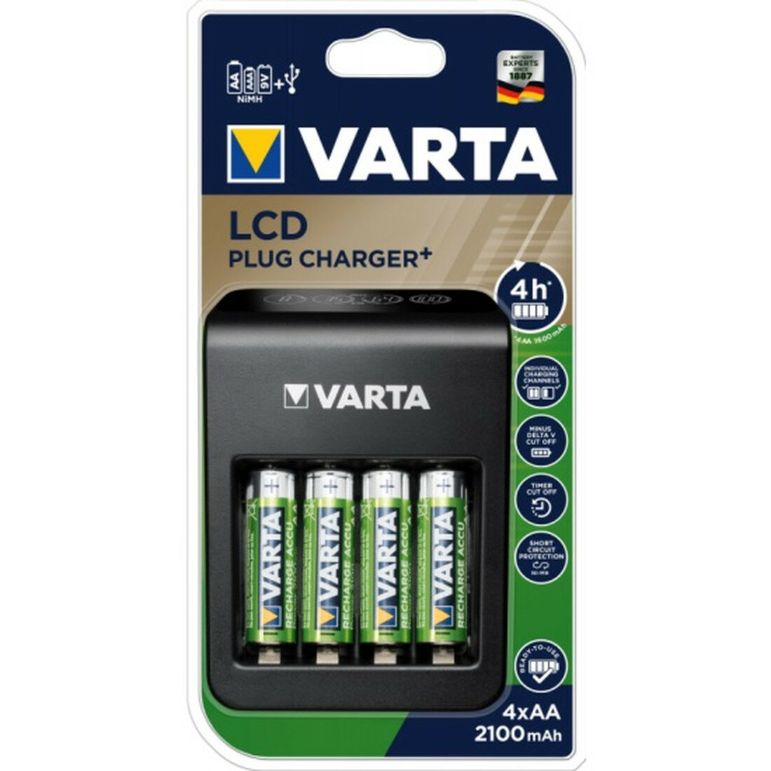 Зарядное устройство Varta Plug Charger+ с аккумуляторами 4 места 2100mAh