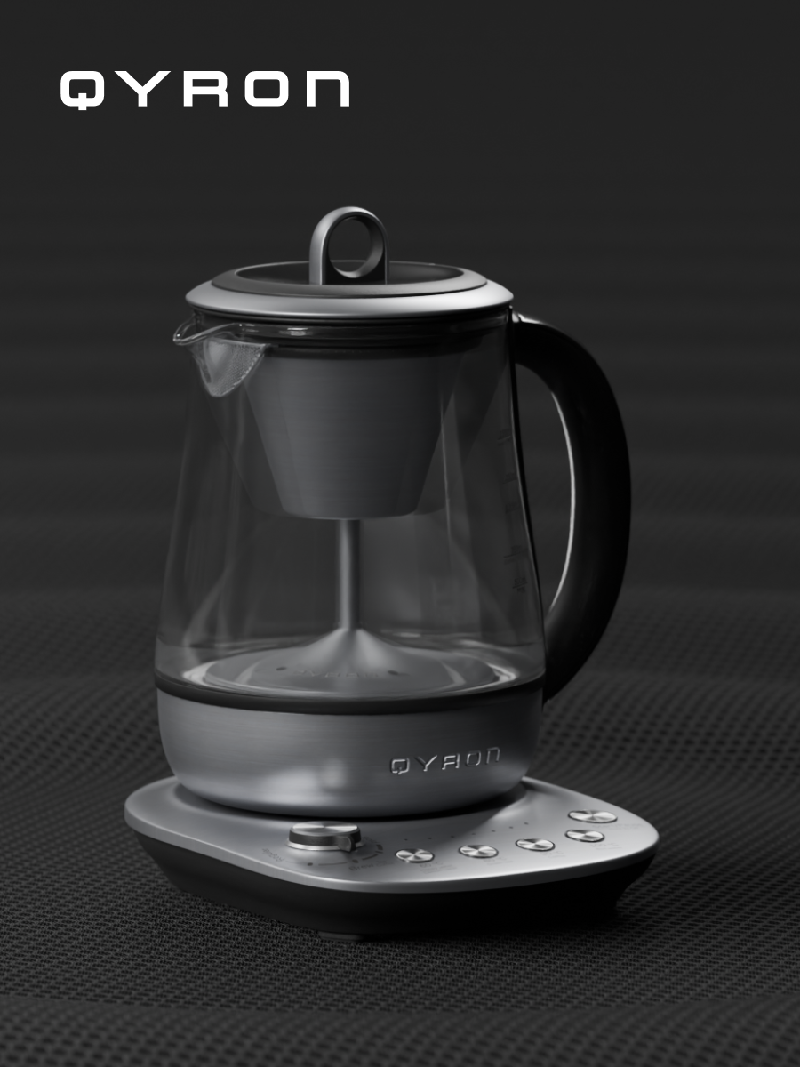 Чайник QYRON KG903 черный, 1,5 л, стеклянный, гейзер с корзиной для заваривания напитков