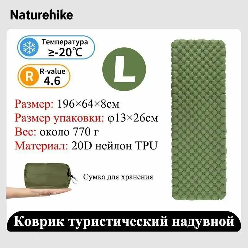 Коврик туристический надувной, без надувной мешок, R-value 4.6, Naturehike, 8см