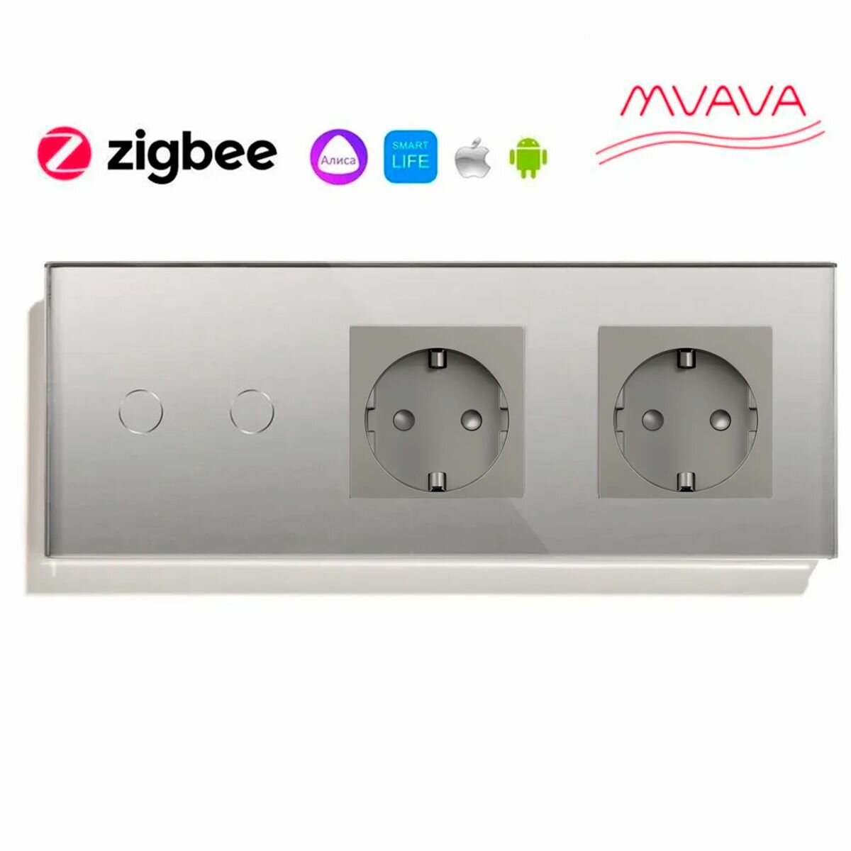 Сенсорный выключатель ZigBee MVAVA 2кл. 2 розетки, 3 поста (2G+2EU) стекло 228х86мм цвет серый