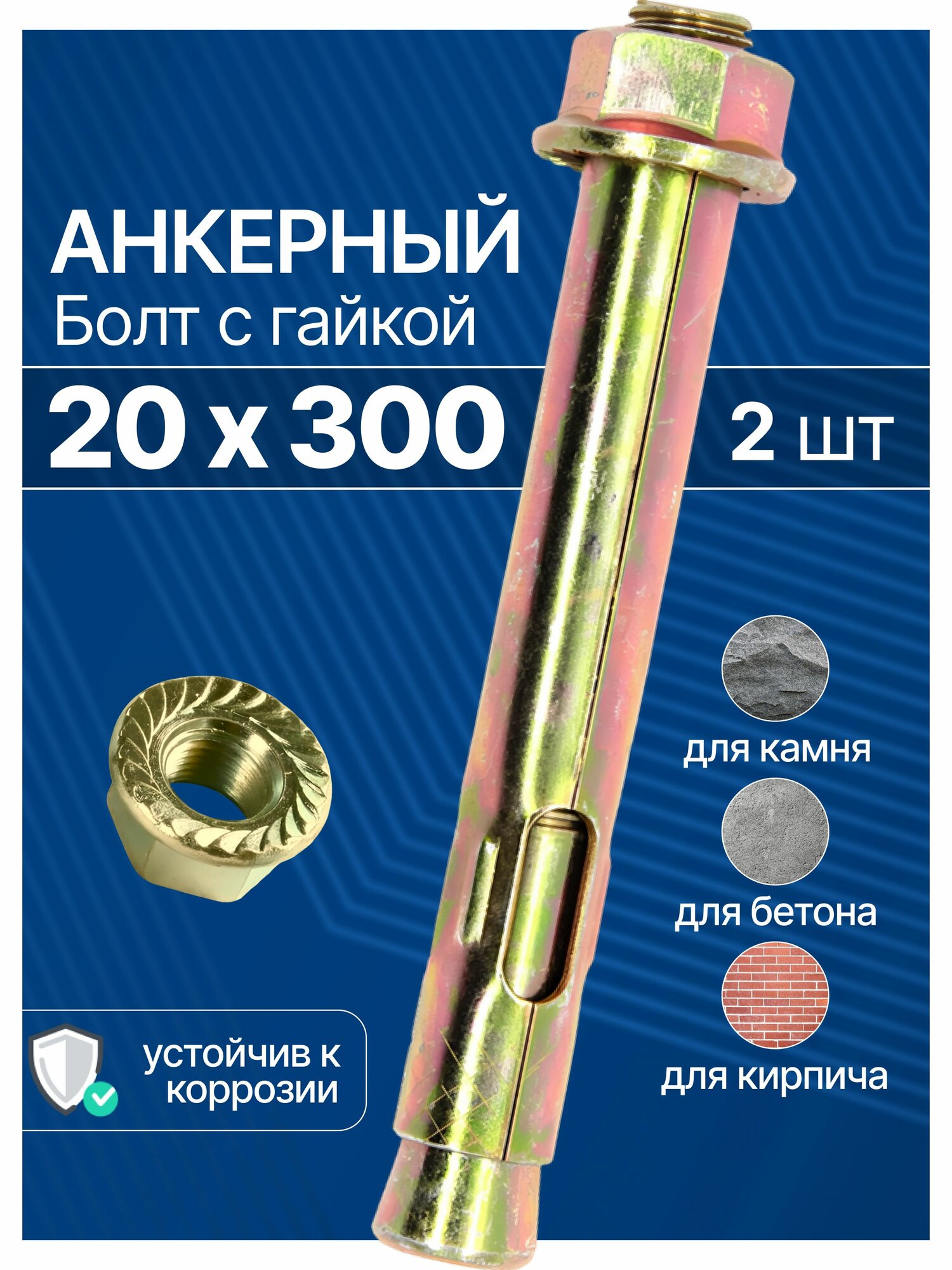 Анкерный болт с гайкой 20х300 мм для бетона 2 шт