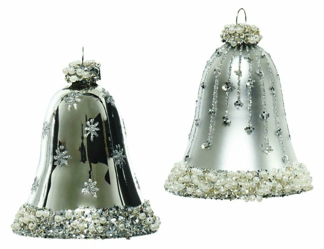 Ёлочные игрушки колокольчики, стеклянные, серебряные, 8 см, Kaemingk