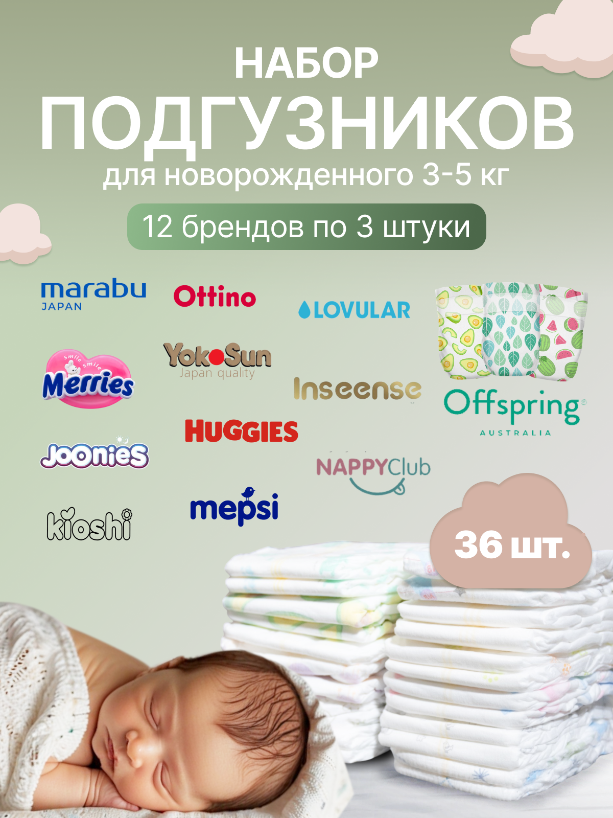 Набор пробников подгузников для новорожденных NB 36 шт