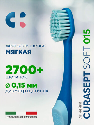 Изображение товара Зубная щетка мягкая CURASEPT Soft 015 от зубного налета + защитный колпачок, Курасепт, Италия, бирюзовый-голубой