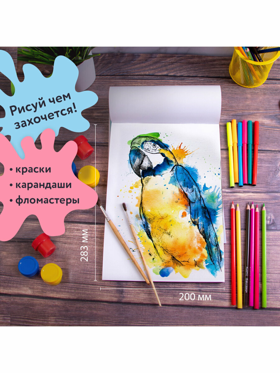 Альбом для рисования для детей в школу / детский сад А4 40 листов, Комплект 4 штуки, скоба, обложка картон, Brauberg, 200х283 мм, Дикие, 880039 — фото 1