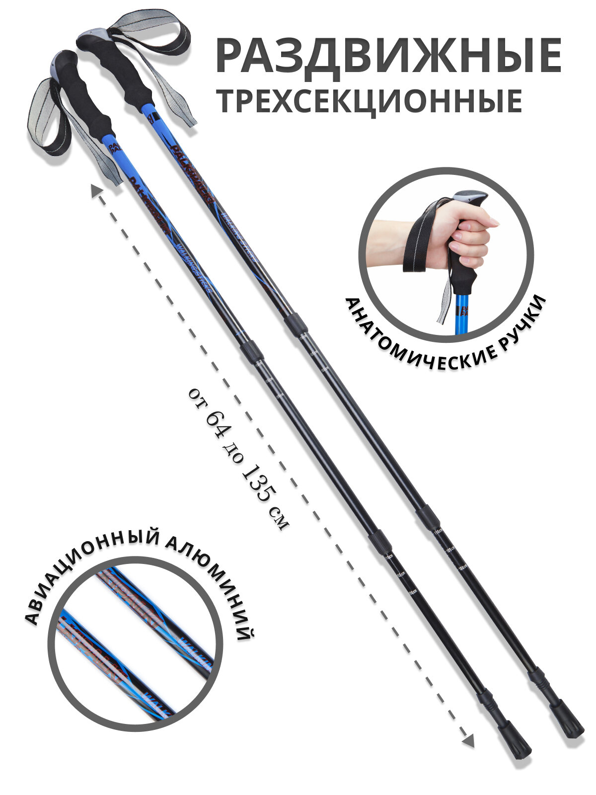 Палки треккинговые для опоры при ходьбе PALKIPALKI City Classic, набор с аксессуарами и чехлом, синие/черные — фото 1