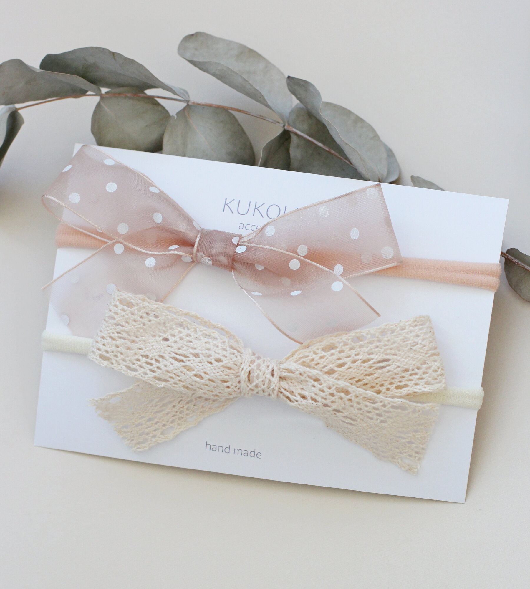 Повязка на голову детская для малышей, ручная работа, "KUKOLKA accessories", бежевый, персиковый, 2 шт.