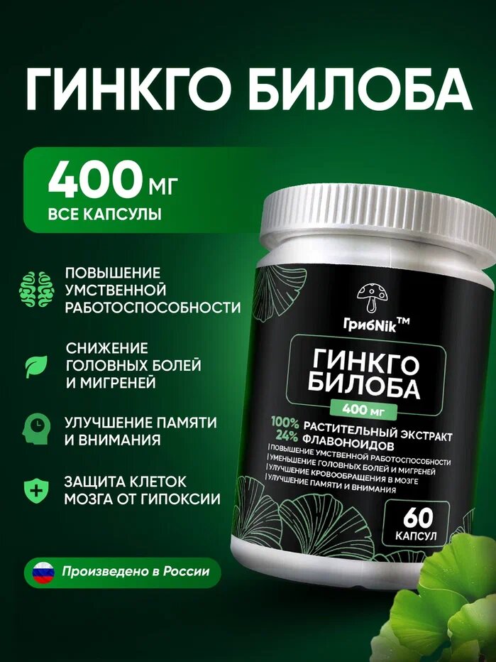 Гинкго Билоба для памяти, мозга, внимания, сердца, сосудов, ноотроп, 60 таблеток от ГрибNik