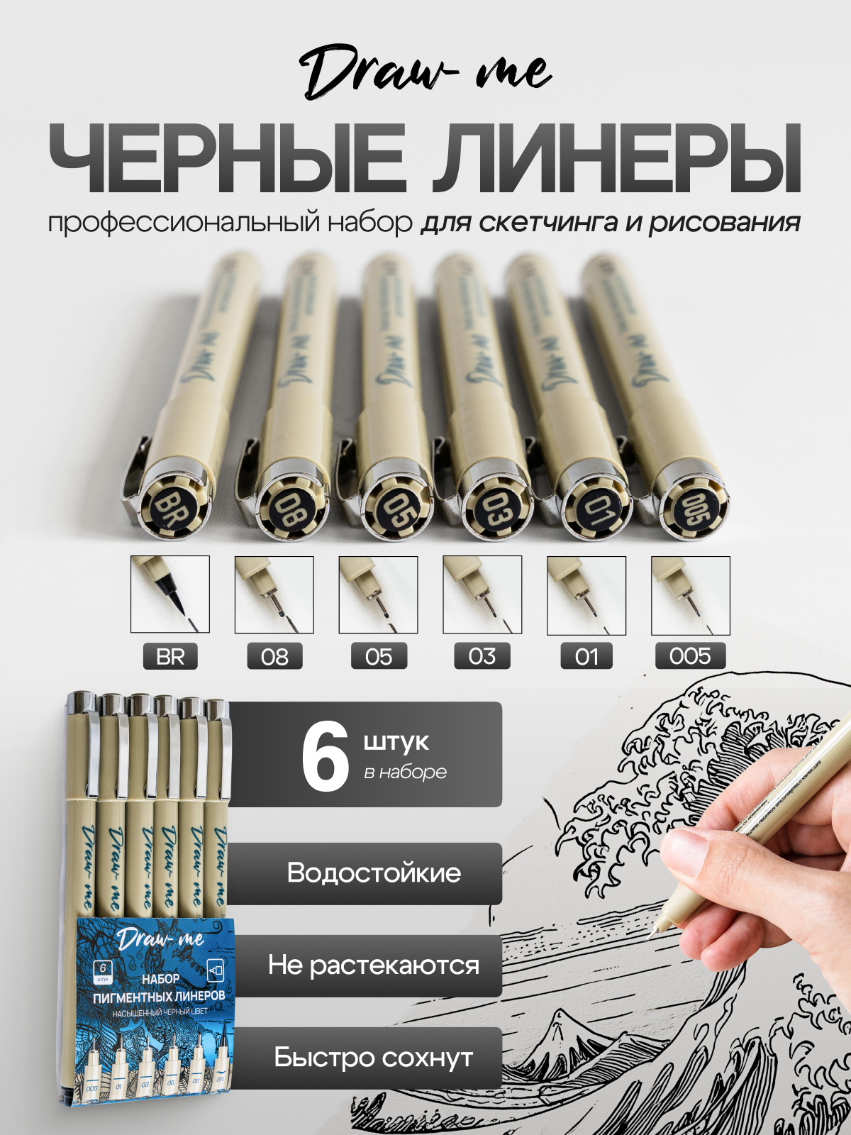 Линеры пигментные для скетчинга и рисования, нейрографики, черные капиллярные ручки для письма и черчения набор 6 шт