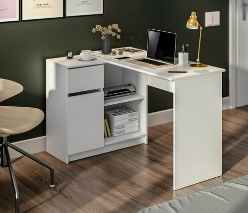 Изображение товара Компьютерный, письменный стол столплит Альфа СБ-2955 угловой, с тумбой, с полкой, со стеллажом, кдсп Белый, 119*75*80 см