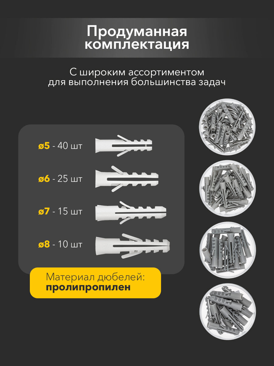 Набор нейлоновых распорных дюбелей Kranz диаметром 5-8 мм в кейсе, 90 шт — фото 1