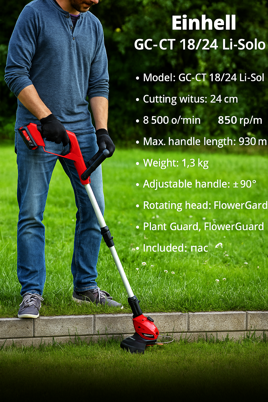 Триммер аккумуляторный Einhell PXC GE-CT 18 Li,18В, пласт. нож, телеск. рук, 20 зап. ножей, 1x2.0 Ач+ЗУ 3411197