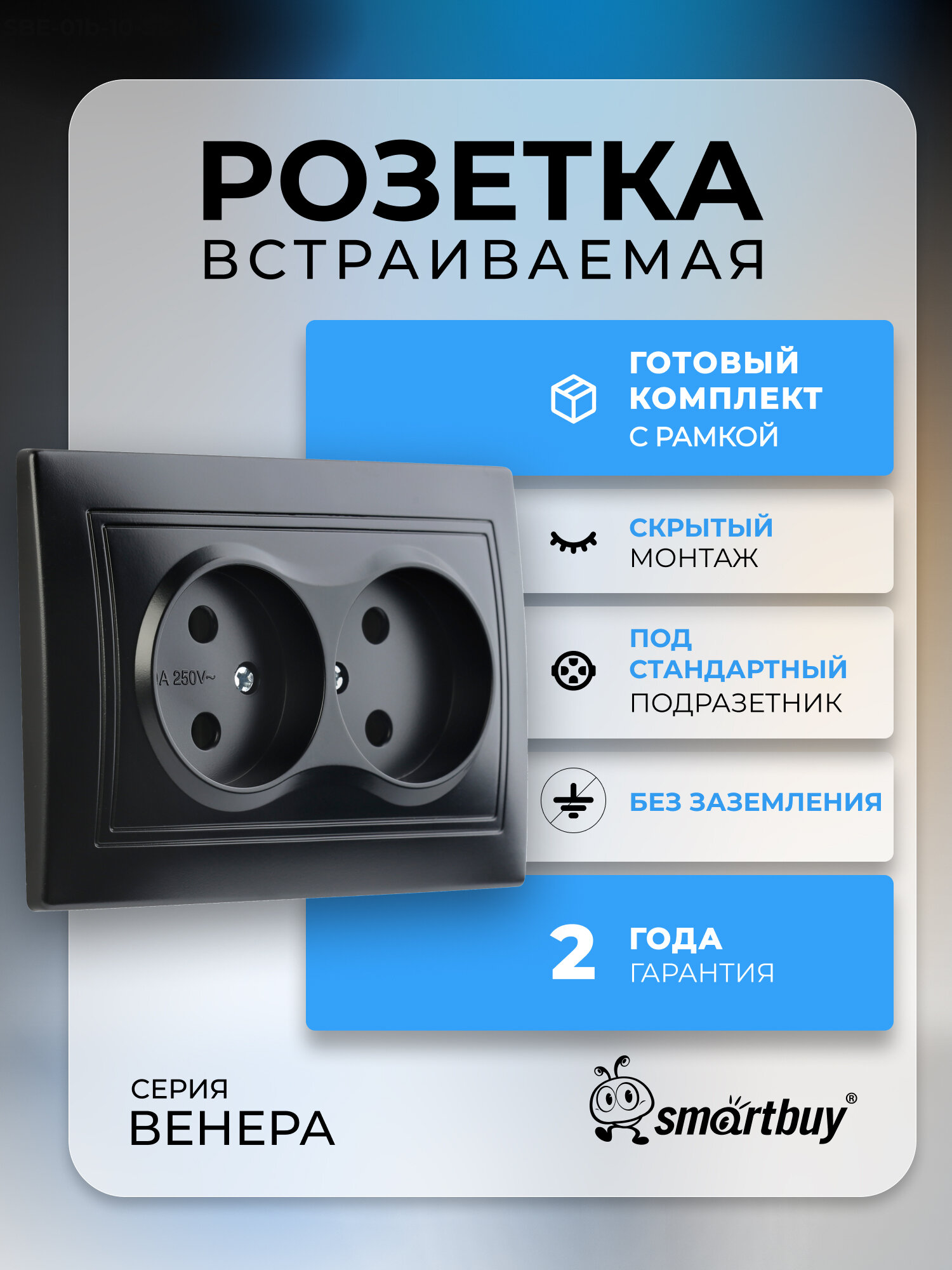 Розетка 2-местная без заземления 10А черная 