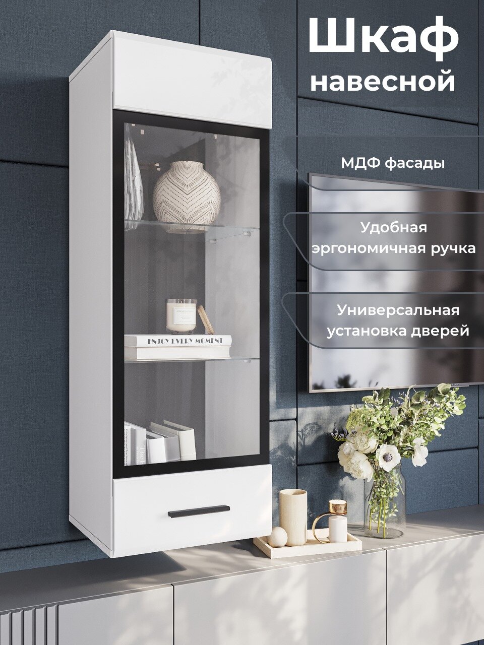 Шкаф-витрина навесной со стеклом Gloss, Белый, 38х110х35,6 (ШхВхГ)