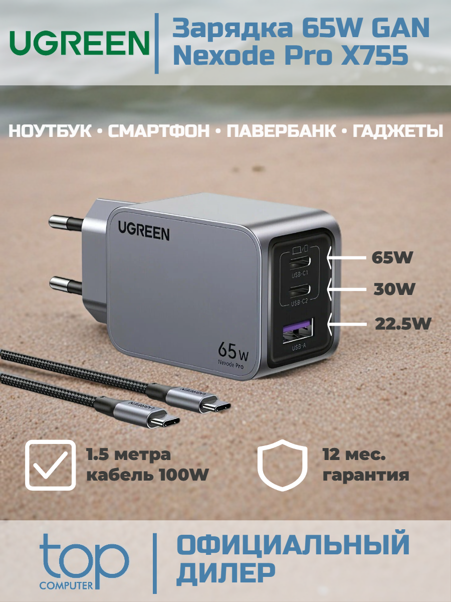 Сетевое зарядное устройство Ugreen X755 (25871) Nexode Pro 65 Вт 3-Port GaN Fast Charger EU с кабелем 1.5 м серый