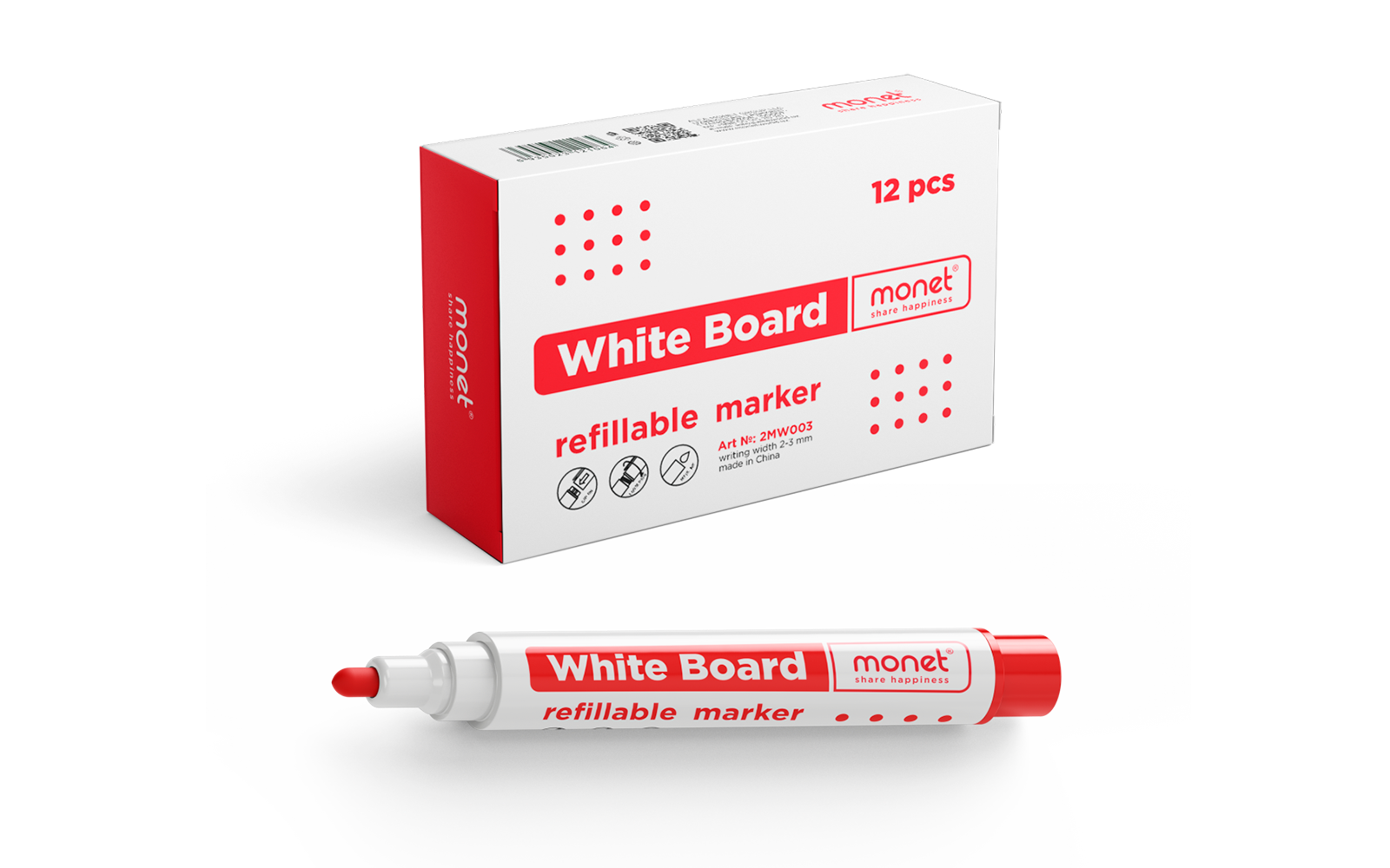 Маркер красный Monet 2MW003,1 шт для флипчартов и белых досок, стираемый, быстросохнущий — фото 1