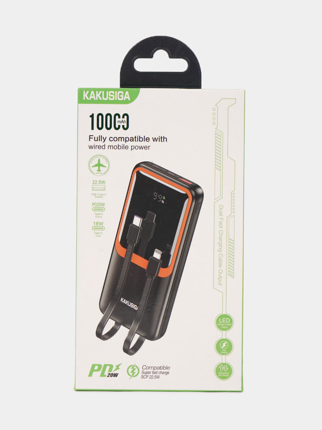 Бистрая зарядная повербанк 10000mAh, KAKUSIGA KSC-1087 10000 мАч, 22.5Вт PD/USB-C/Lightning, с LED-дисплеем, черный — фото 1