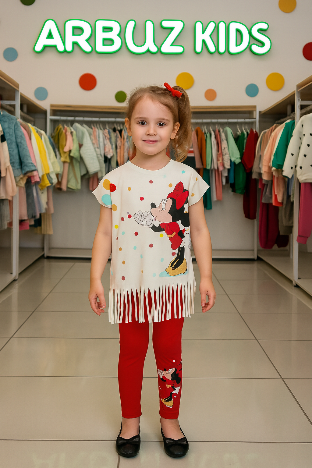Форма спортивная  Комплект для девочки «Минни Маус» — футболка с бахромой и лосины, размер 110, красный/белый — фото 1