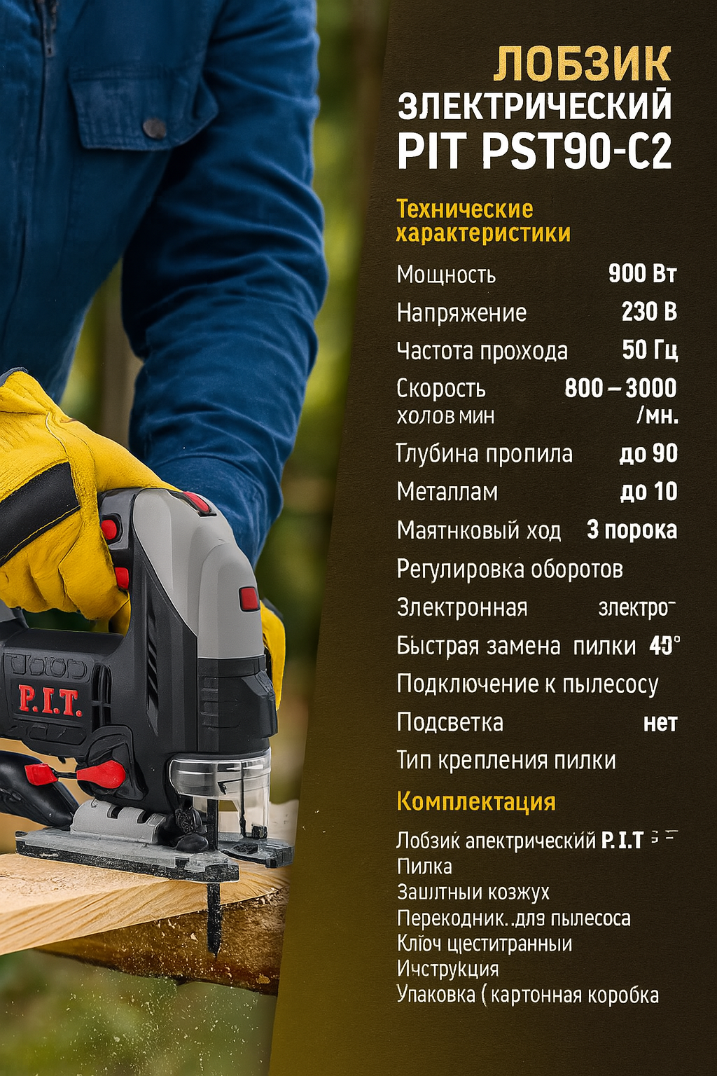 Лобзик электрический PIT PST90-C2 900Вт 220В 50Гц 3000ходов/мин