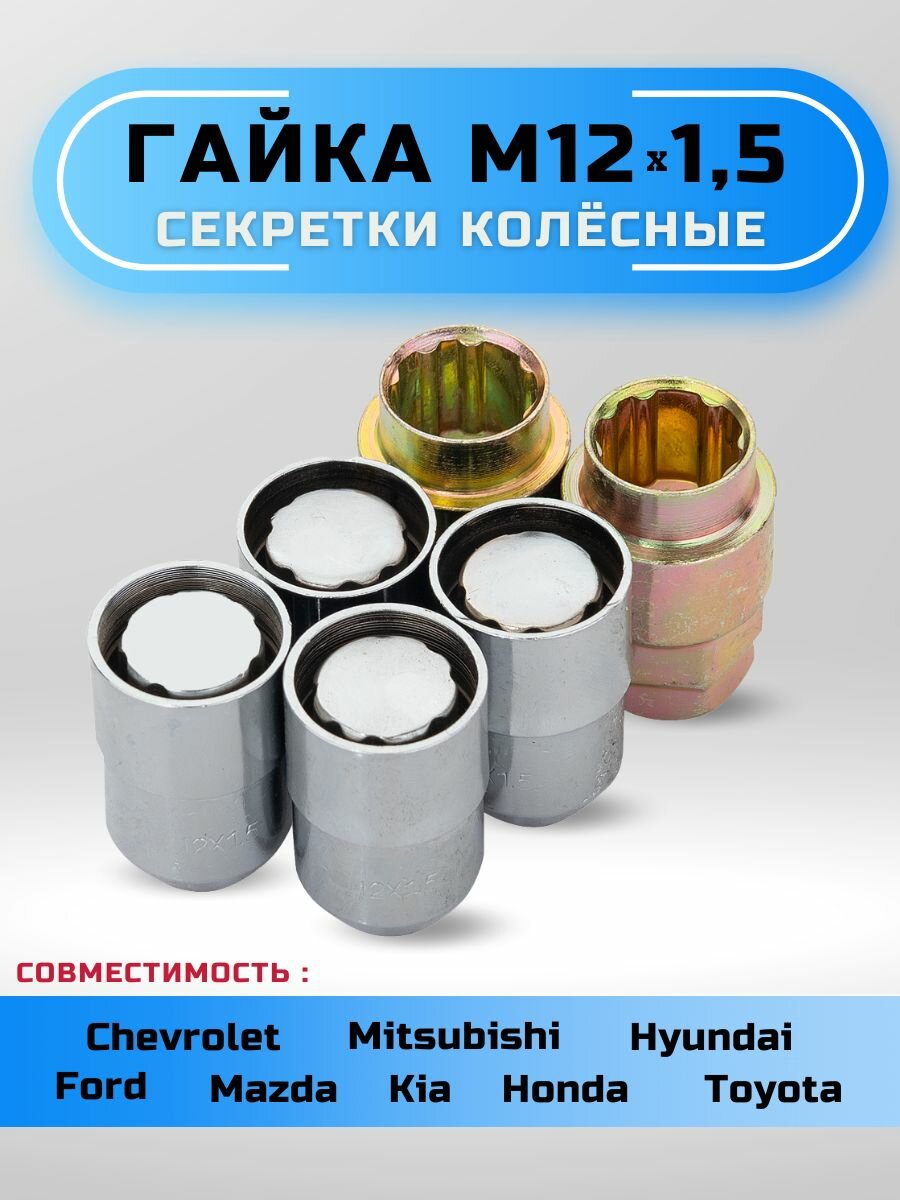 Секретки колесные гайки М12х1,5 конус 4 гайки + 2 ключа хром