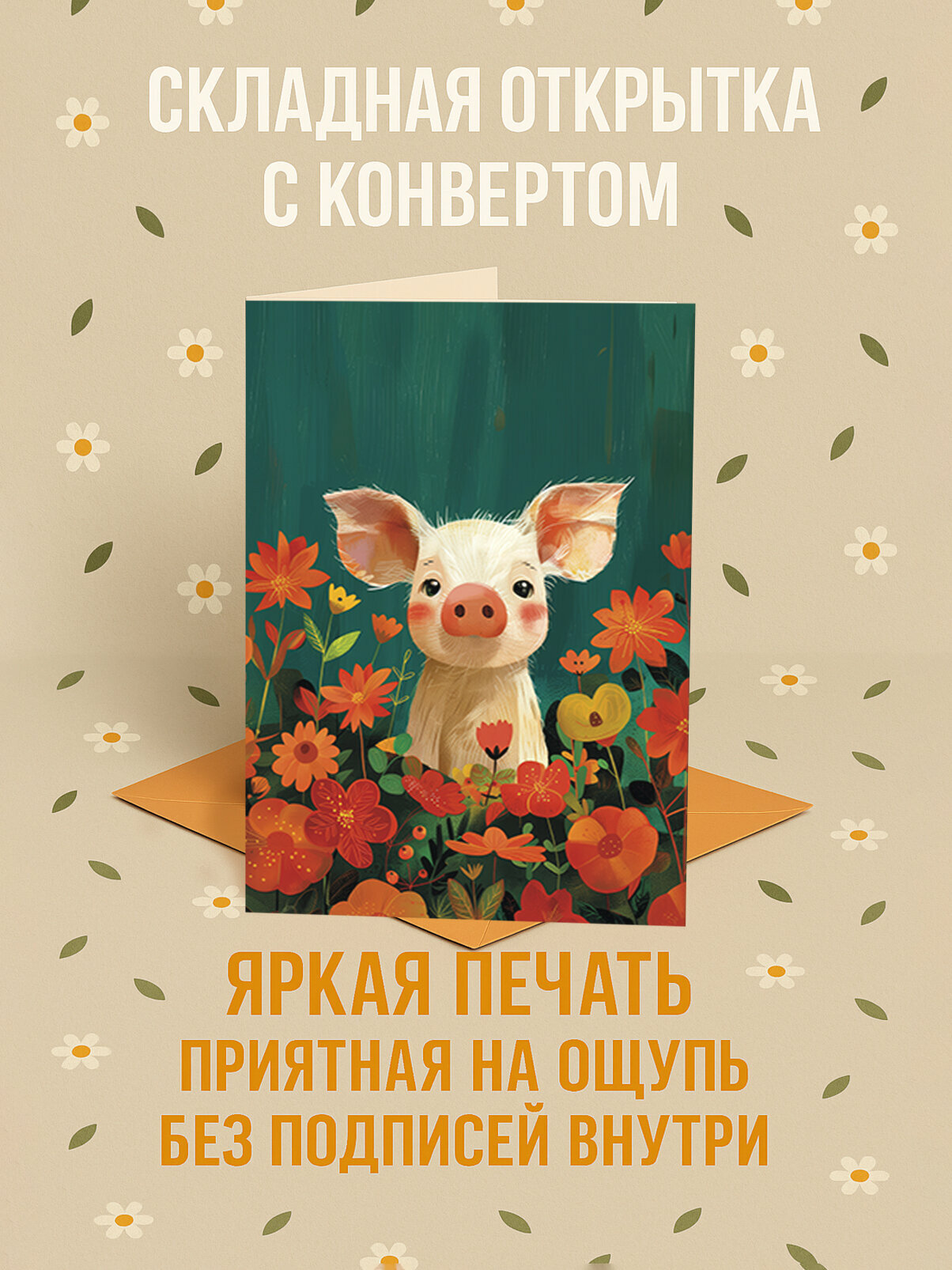 Хрюн, яркая открытка подарочная с крафтовым конвертом, дизайнерская бумага, 10x15 см, складная подарочная без надписей, для дня рождения