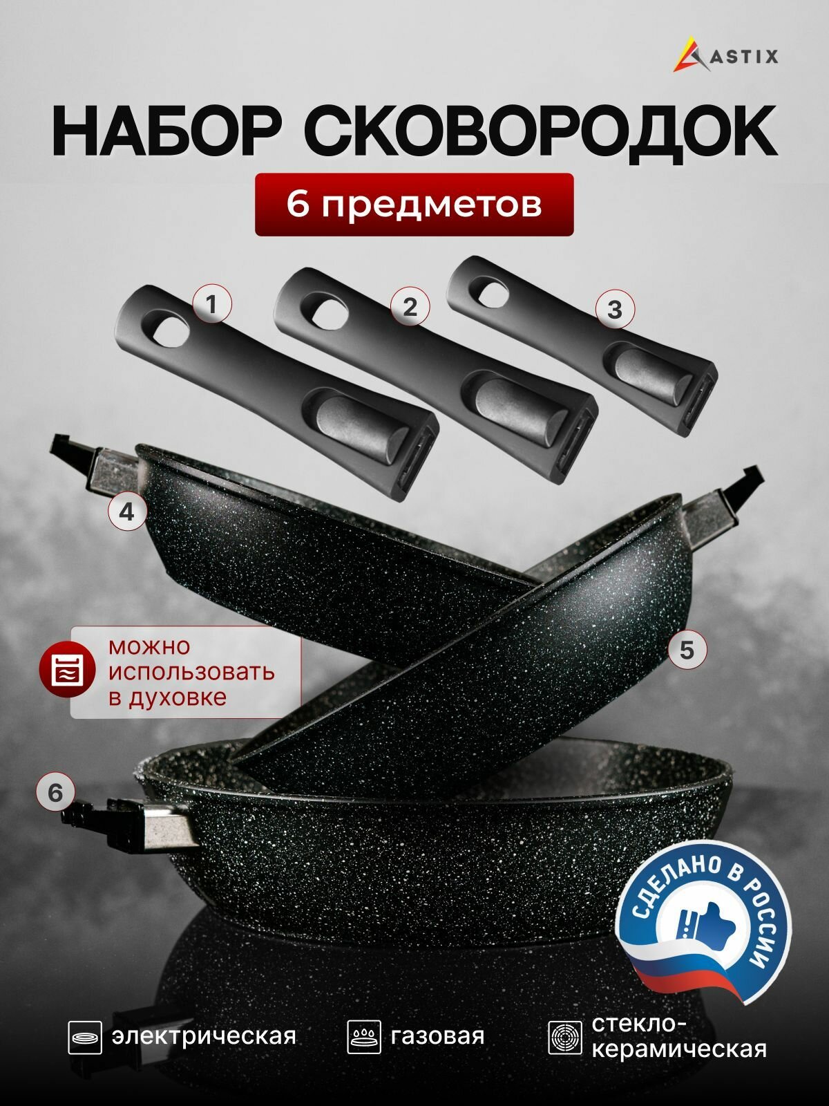 Сковороды Astix алюминий антипригарное покрытие съёмные ручки черные