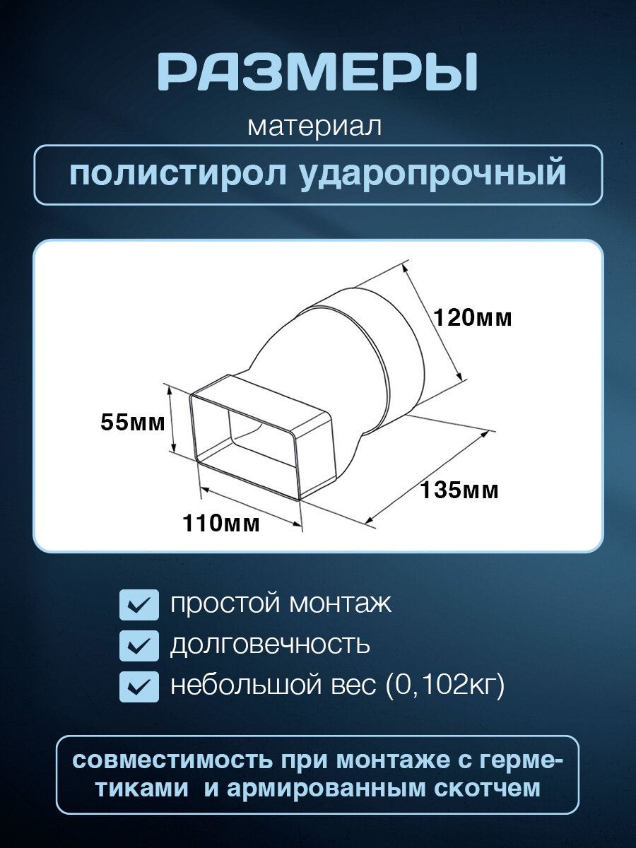 Соединитель плоско-круглых систем 55х110/D120 мм, полистирол ударопрочный, белый — фото 1