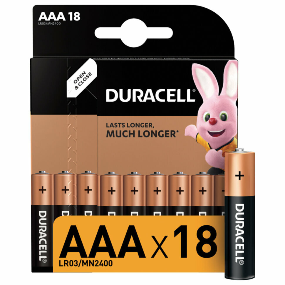 Батарейки комплект 18 шт, DURACELL Basic оригинал, AAA (LR03, 24А), алкалиновые, мизинчиковые, 81483686, 453559