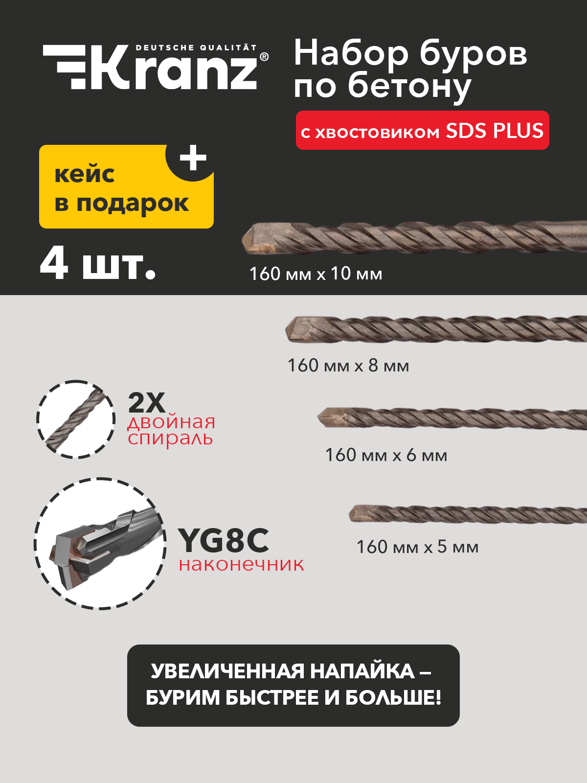 Набор буров по бетону SDS PLUS KRANZ 5-6-8-10х160 мм для перфораторы 4 шт. в кейсе
