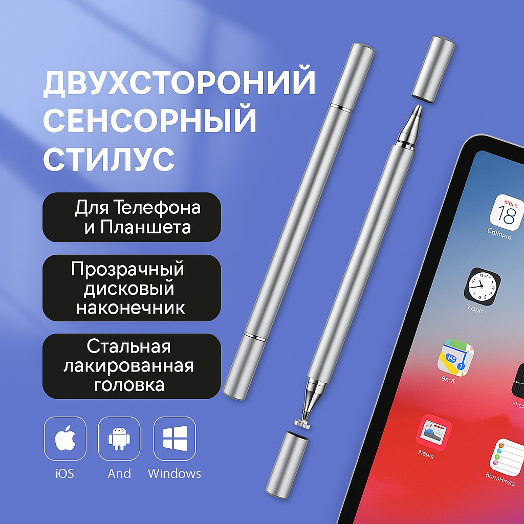 Стилус ручка 2-в-1 для сенсорных экранов — стилус + шариковая ручка, без подзарядки, для iOS / Android / Windows