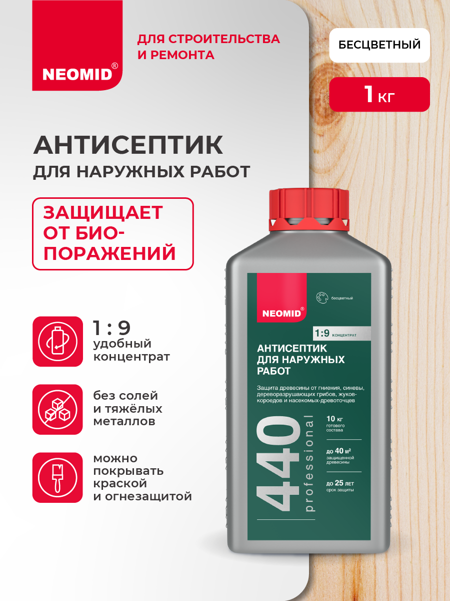 Антисептик для дерева Neomid 440 Бесцветный (1 кг) / Деревозащитный состав для наружных работ и внутренних работ