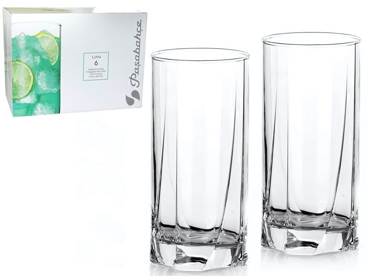 Набор стаканов "Luna", 6 шт, 375 мл, стекло, прозрачные, высокие, стильные грани, для воды
