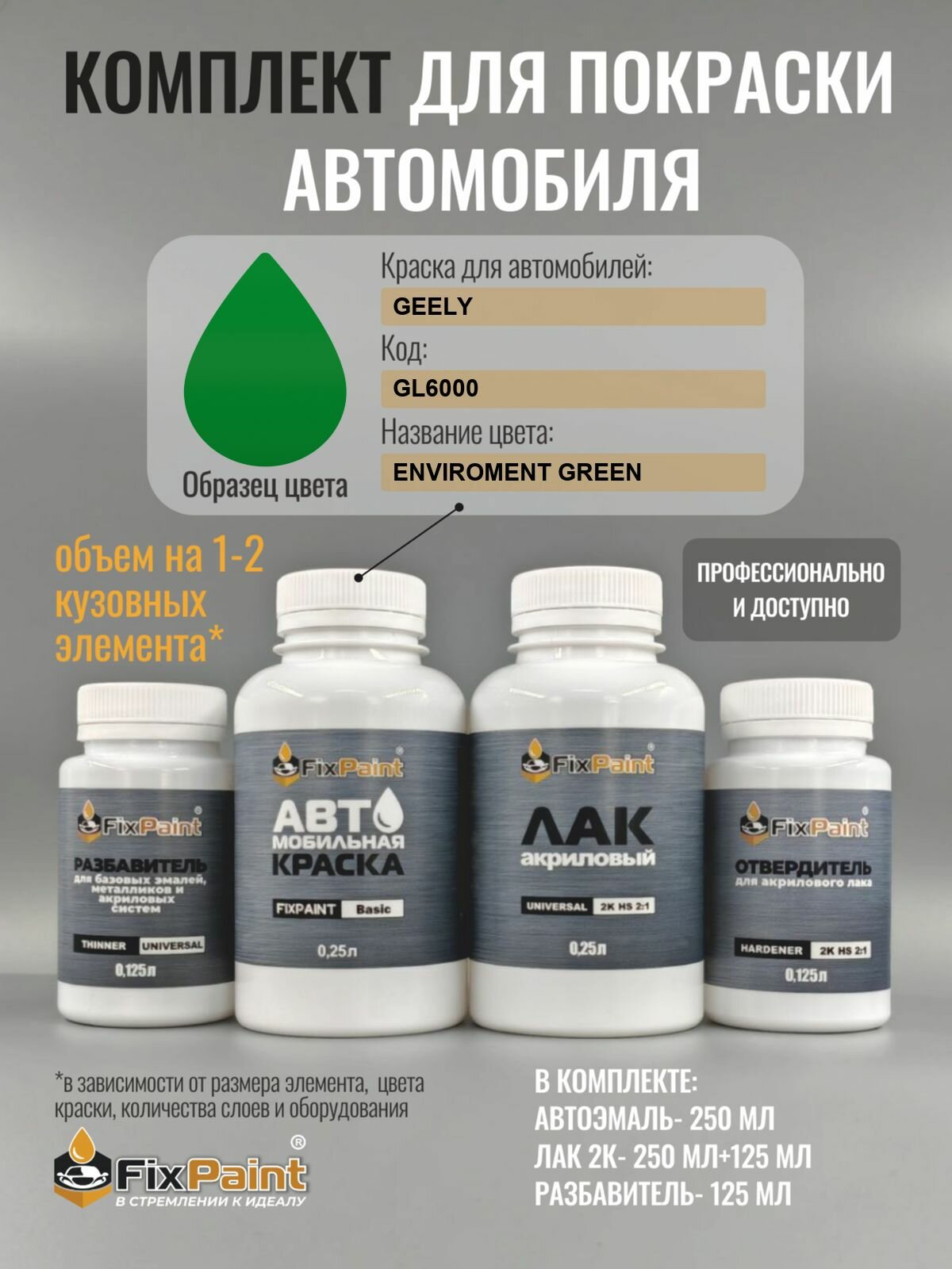 Комплект для покраски GEELY, код GL6000, ENVIROMENT GREEN, базовая автомобильная эмаль 250 мл, лак 2K 250 мл с отвердителем, разбавитель 125 мл, FixPaint Pro