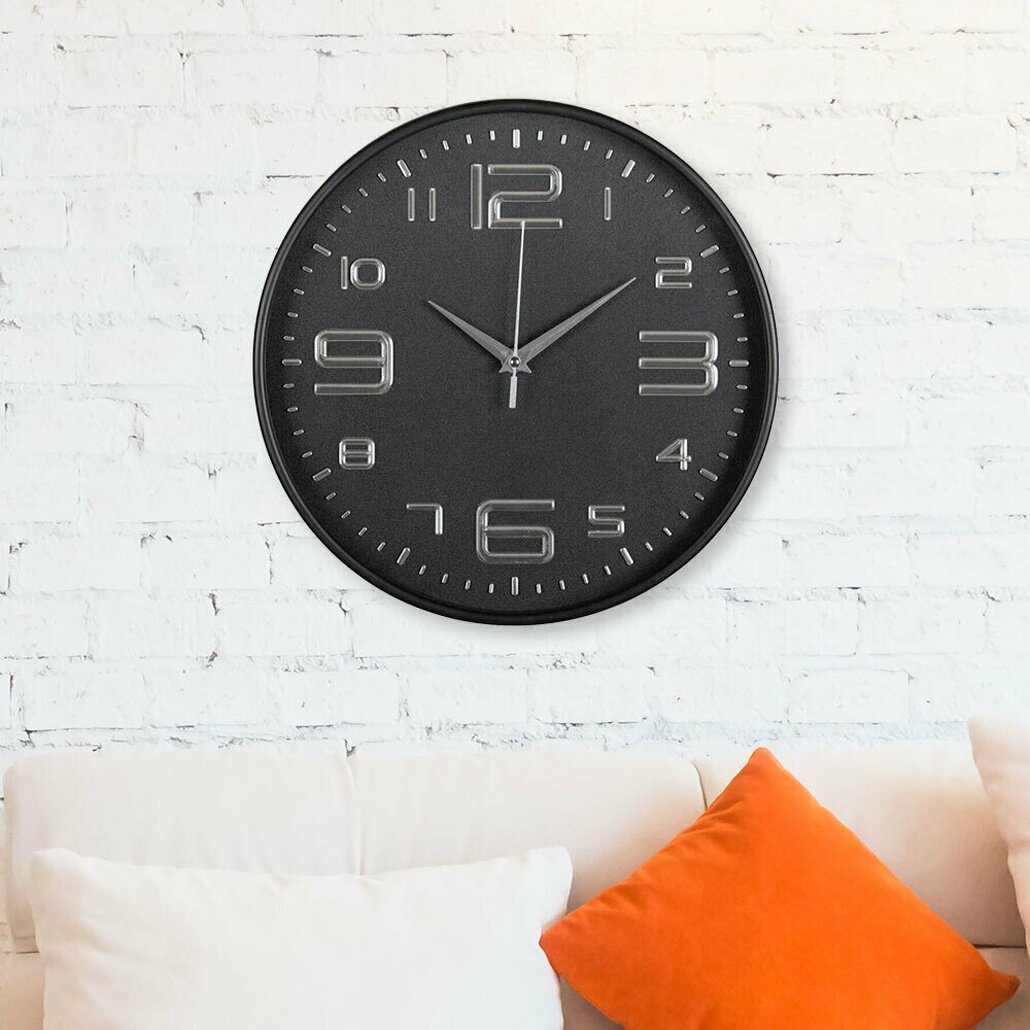Часы настенные круглые d30см, корпус черный, серебристые цифры, классический стиль, для дома, тонкий дизайн