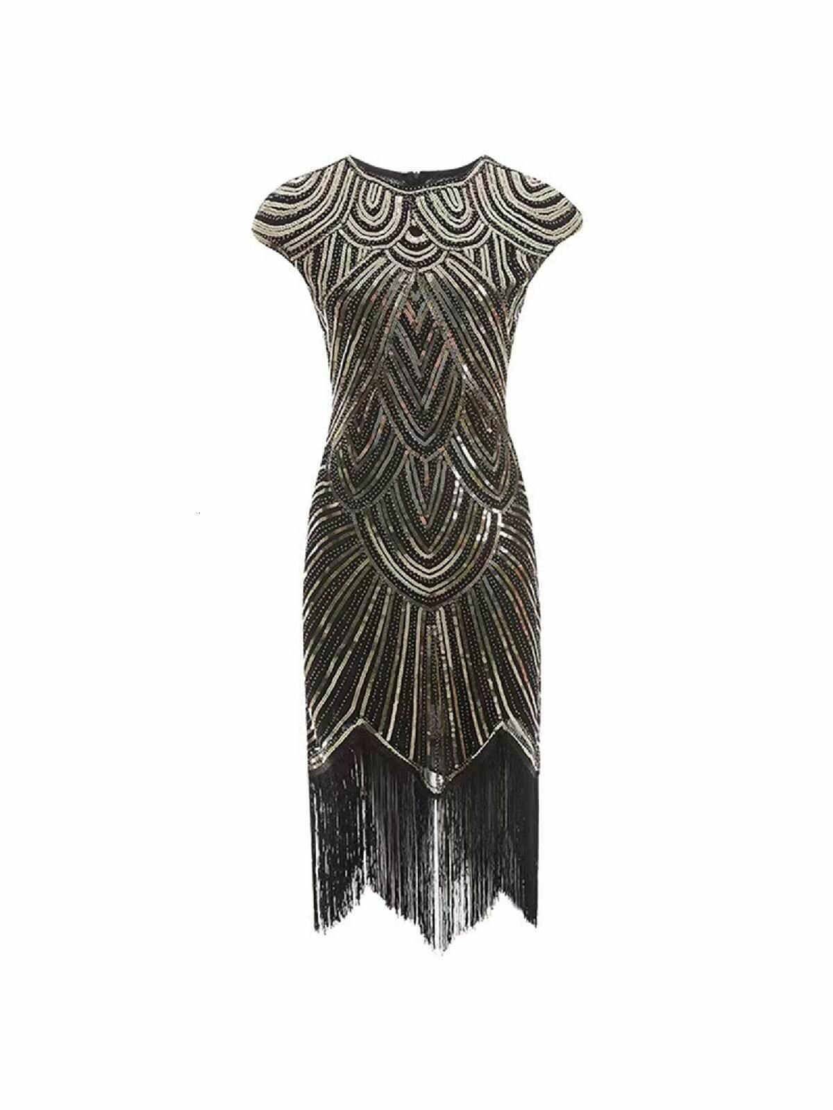 Платье в стиле 1920-х с бахромой и пайетками, Золото - XXXL