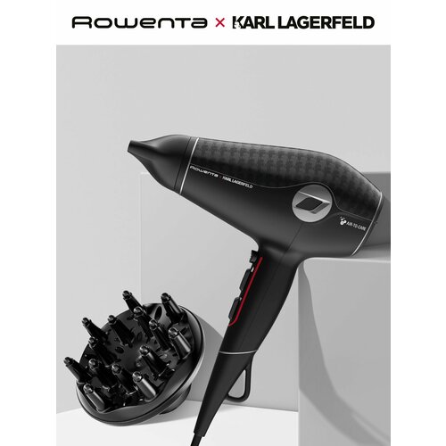 фото Фен для волос rowenta karl lagerfeld cv613lf0 черный/розовый, 1800 вт, ac мотор, съёмная задняя решётка, ультра-холодный воздух, диффузор в комплекте