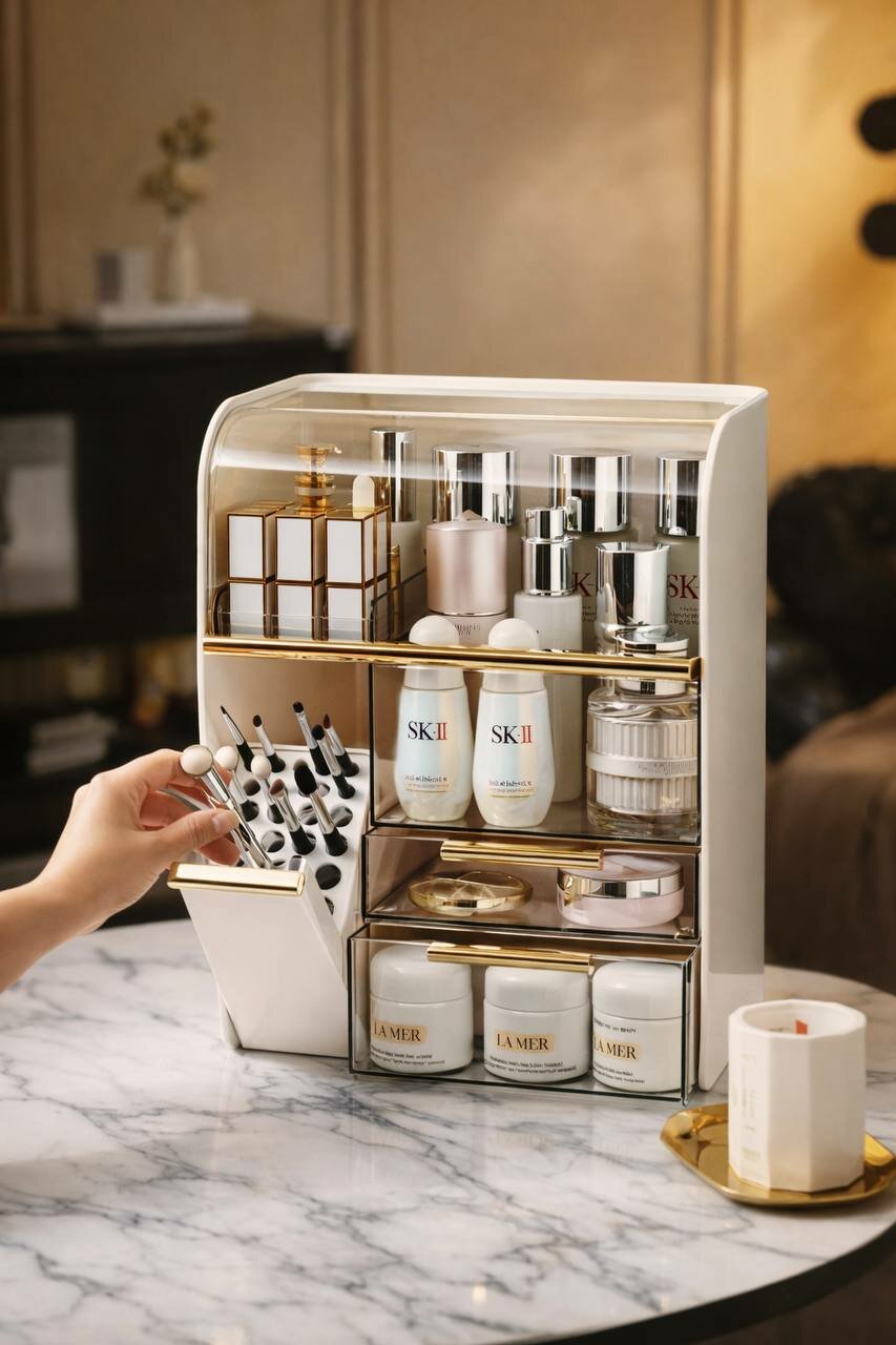 Многофункциональный настольный органайзер для косметики с прозрачной крышкой и выдвижными ящиками