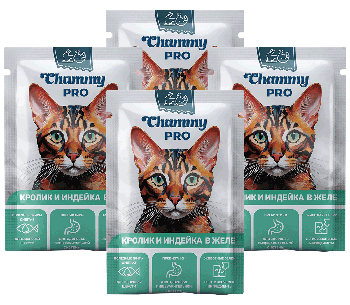 Влажный корм Chammy Pro для взрослых кошек, кролик и индейка в желе, 85 г х 4 шт