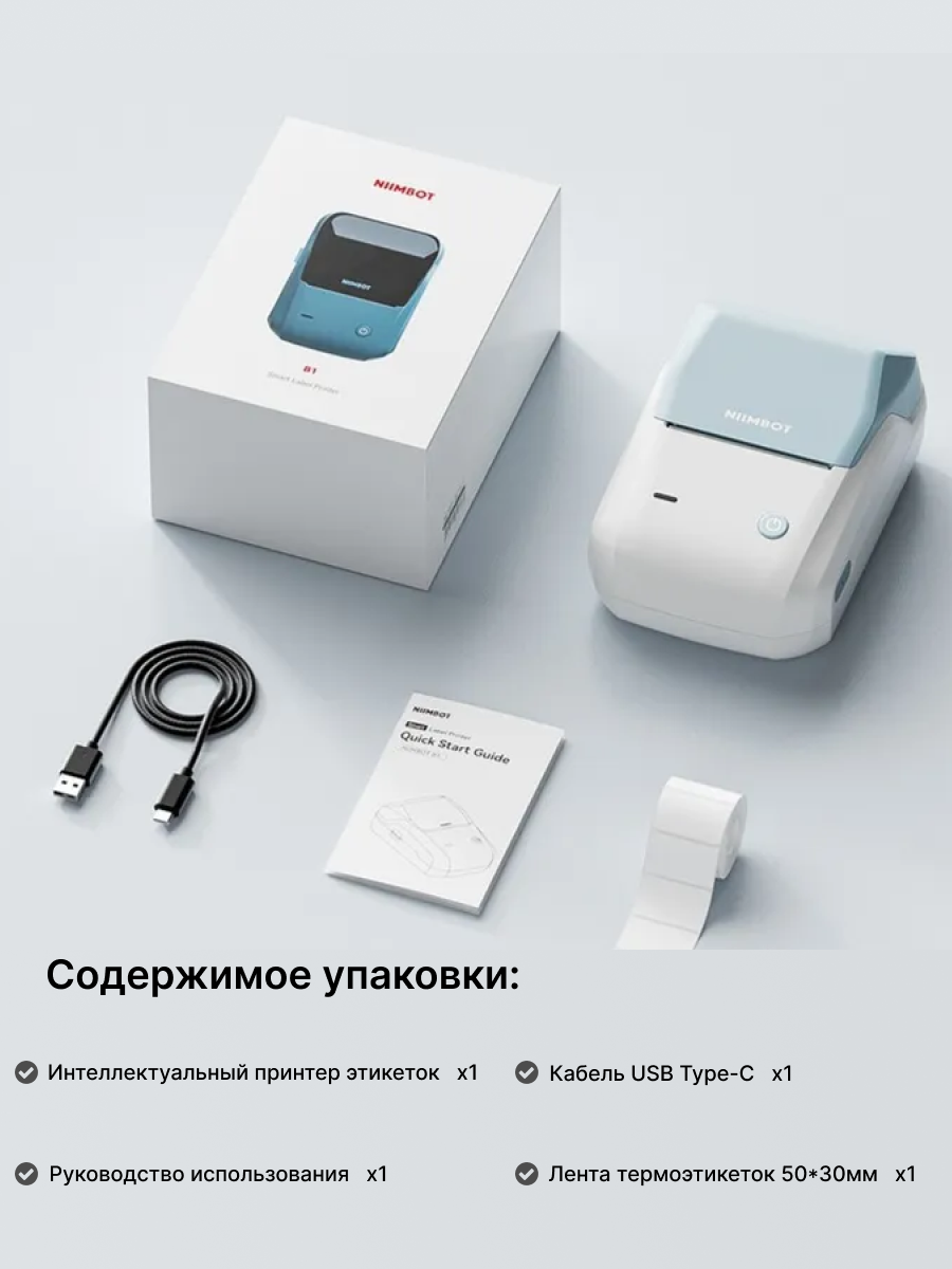 Принтер для этикеток наклеек термопринтер B1 портативный голубой — фото 1