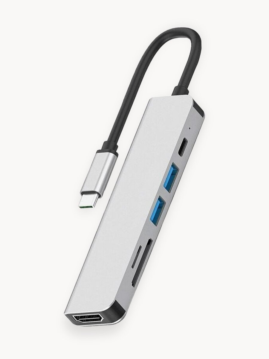 Адаптер переходник 6 в 1 2xUSB 3.0, 1xType-c, HDMI Power Delivery + SD и TF карты памяти / Разветвитель USB-C HUB 3.0 / Подходит для MacBook