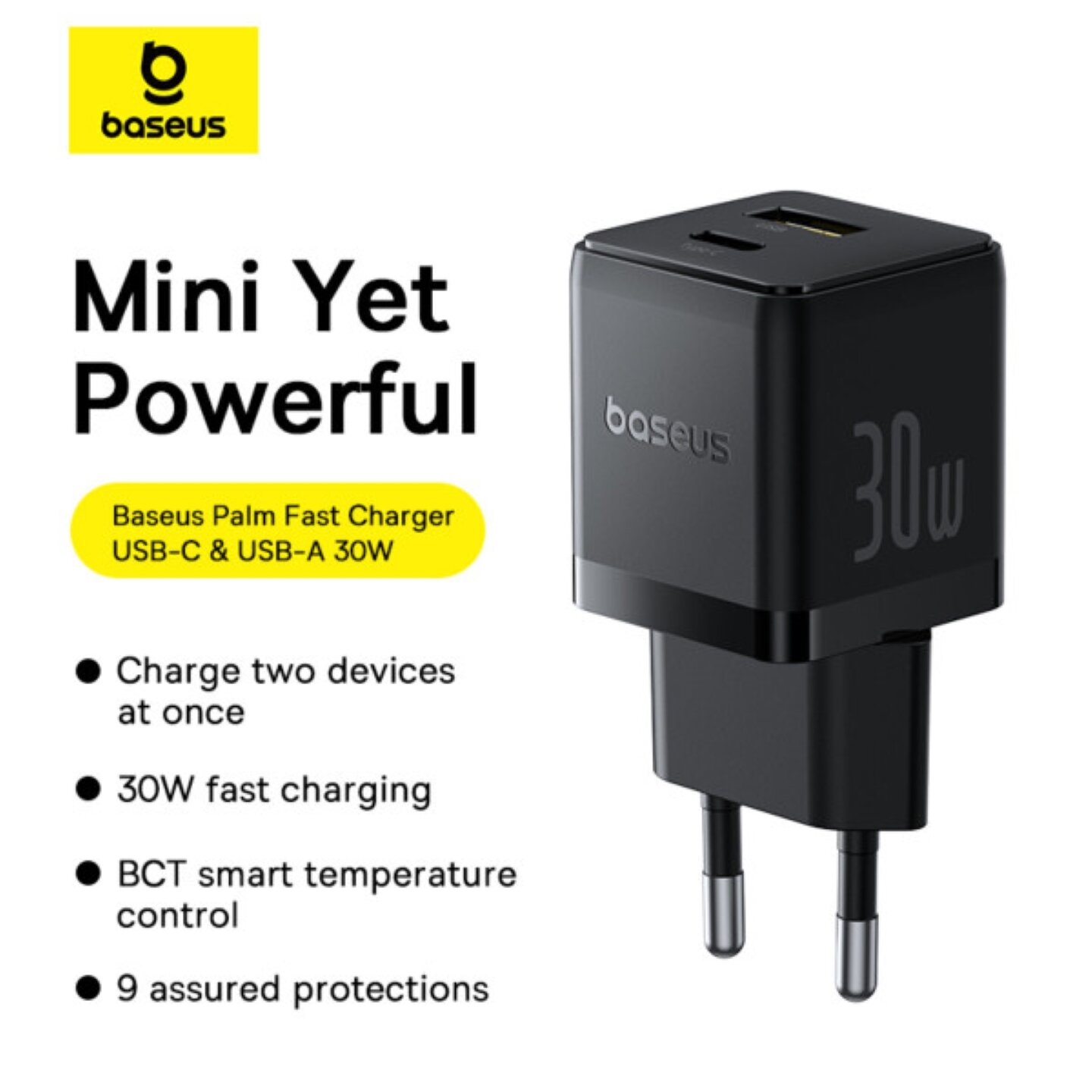 Сетевое зарядное устройство Baseus Palm Fast Charger QC3.0+PD3.0 30W USB+Type-C 3A + Кабель Type-C to Type-C 60W — фото 1
