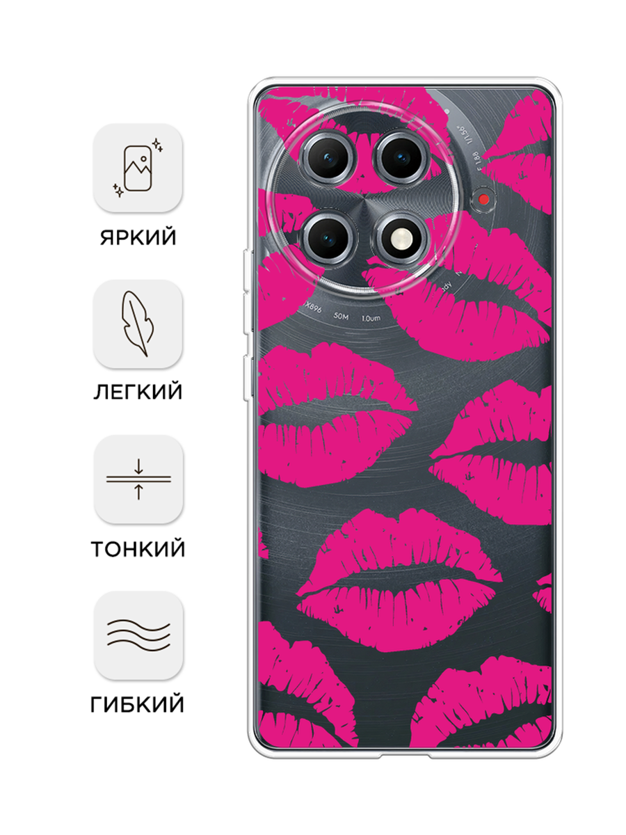 Чехол на Tecno Camon 30S Pro / Текно Камон 30S Про с принтом Ярко-розовая помада паттерн, прозрачный — фото 1